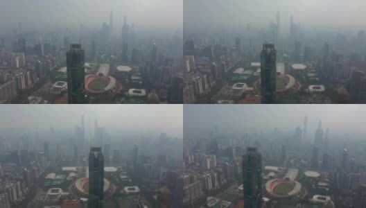 白天时间雾霾广州市市中心体育场广场区航拍全景4k中国高清在线视频素材下载