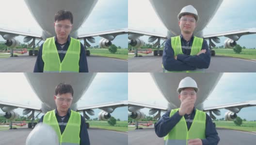 亚洲人工程师维护飞机持白色头盔在前飞机从维修，修理，现代化和翻新机场。高清在线视频素材下载