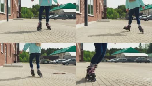 女人的腿骑在溜冰鞋在城市街道上高清在线视频素材下载