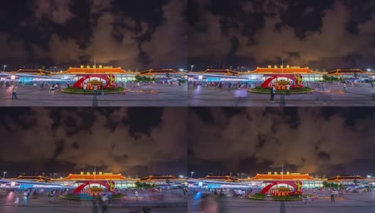 夜光照亮珠海市拱北口岸入境拥挤的广场全景，4k时间的流逝中国高清在线视频素材下载