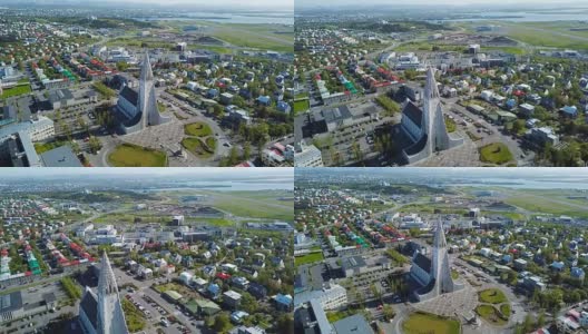 冰岛雷克雅未克Hallgrimskirkja教堂现代建筑。空中视频。从上到下。空中dron视频。令人惊叹的市中心视野飞行。高清在线视频素材下载