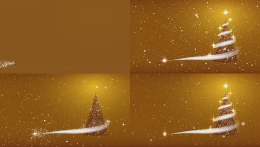圣诞树，暴风雪，星星，雪花，为新年项目的金色背景。高清在线视频素材下载