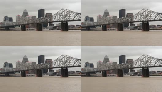 肯塔基州路易斯维尔市区天际线风暴淹没了克拉克纪念桥高清在线视频素材下载