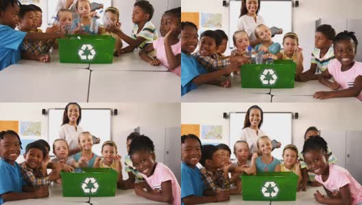学校的孩子们把废瓶子放在教室的回收箱里高清在线视频素材下载