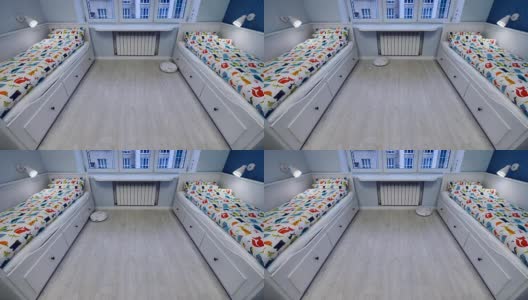 一个真空机器人沿着卧室的墙壁和家具移动。高清在线视频素材下载