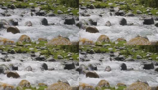 石质山区河流与快速水流在吉尔吉斯斯坦高清在线视频素材下载