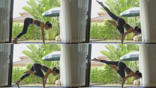 4k/苗条的亚洲女人瑜伽在家和旁边的游泳池。高清在线视频素材下载