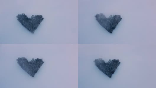 一架无人机穿过云层，在一片真正的心形森林上拍摄。暴风雪中的浪漫现象。高清在线视频素材下载