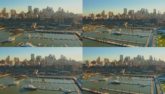 鸟瞰图布鲁克林大桥公园，码头和BQE的交通在清晨，以布鲁克林为背景。无人机拍摄的视频，摄像头向后移动。高清在线视频素材下载