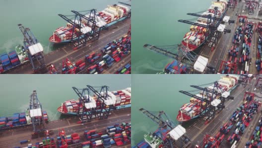 香港。2月20日。鸟瞰图巨大的工业港口与集装箱和巨大的船舶。高清在线视频素材下载