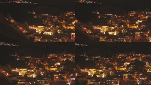 美丽的夜晚高清视频风景土耳其浪漫的高梅城市景观。卡帕多西亚，土耳其，戈雷梅，乌奇萨尔高清在线视频素材下载