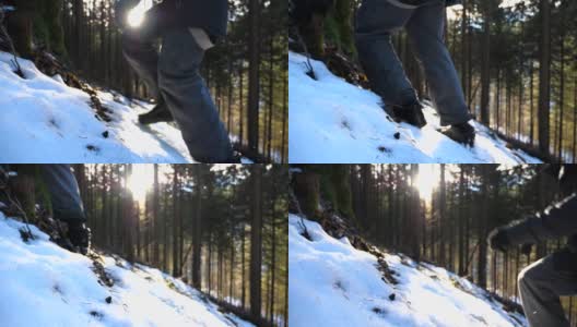 年轻游客攀登雪坡的侧视图在山松林。一个不认识的人在雪山上徒步旅行，背景是阳光。健康积极的生活方式。特写慢动作高清在线视频素材下载