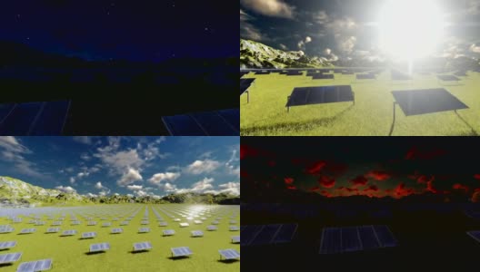 农场的太阳能电池板周围的山脉黑夜到白天动画高清在线视频素材下载