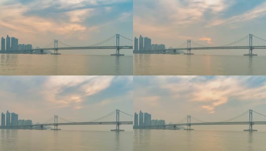 釜山城市天际线Gwangan桥日出时间流逝，釜山，韩国4K时间流逝高清在线视频素材下载