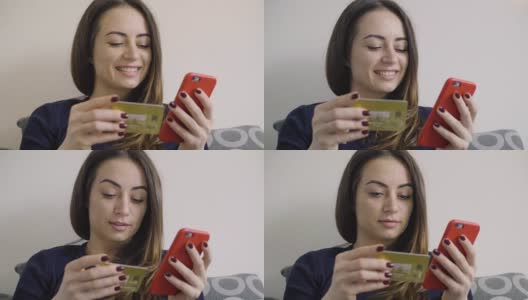 年轻女子在床上用手机在线购物高清在线视频素材下载