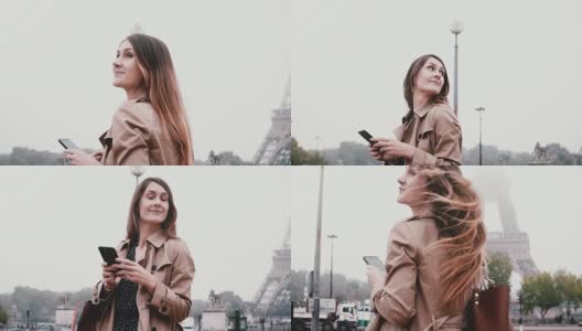 年轻漂亮的女人在艾菲尔铁塔附近使用智能手机。微笑的女性环顾四周，看着法国的巴黎高清在线视频素材下载