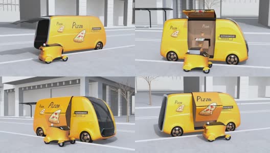 披萨盒从自动驾驶送餐车转移到移动无人机高清在线视频素材下载