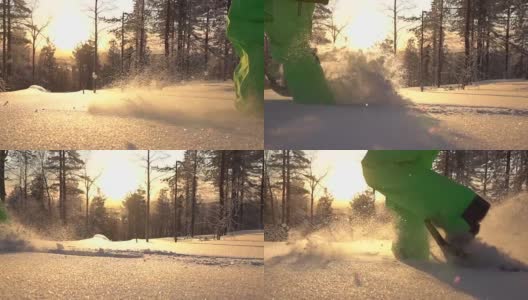 慢动作雪鞋和跑步在山坡上的新雪毯高清在线视频素材下载