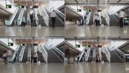 4K时光流逝:行人，上班族上下自动扶梯上班回家时，缩小画面高清在线视频素材下载