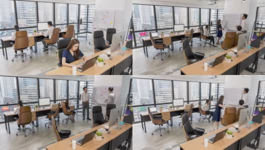 4K超高清延时:亚洲员工在现代繁忙的办公室工作。高清在线视频素材下载
