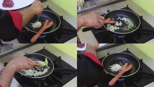 特写厨师准备食物在煎锅和倒蔬菜在锅煮。高清在线视频素材下载