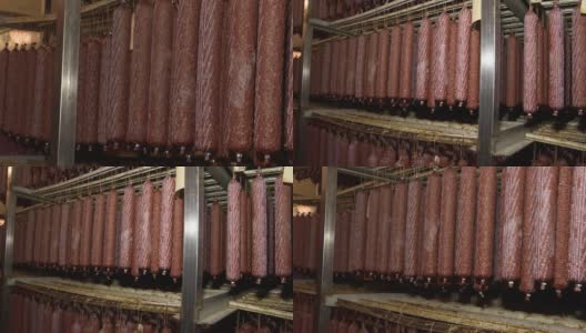 肉类行业中半熏香肠的生产。冰箱里有一排排烟熏、牛肉、猪肉香肠。高清在线视频素材下载