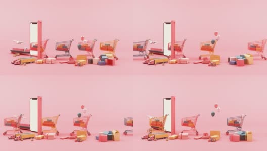 移动电商概念线上订购与购物车和许多盒子在粉红色的背景3d动画循环高清在线视频素材下载