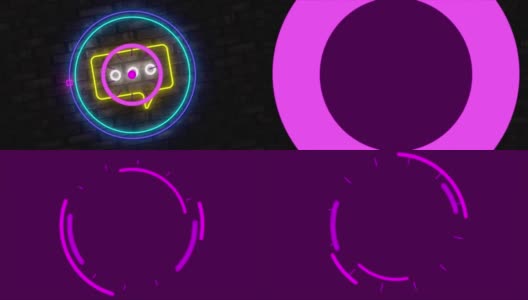 数字动画抽象紫色形状的霓虹灯黄色信息图标靠砖墙高清在线视频素材下载