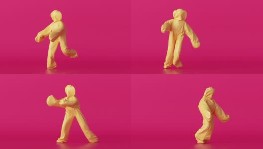 3d渲染，一名男子穿着黄色充气饺子服装，粉色背景上的卡通人物跳着嘻哈舞。有趣的吉祥物循环动画，最小的无缝运动设计高清在线视频素材下载
