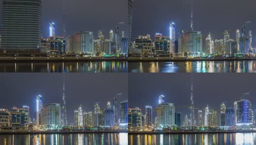 迪拜商业湾塔夜晚时光流逝的坍塌高清在线视频素材下载