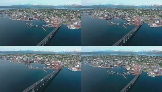 挪威特罗姆瑟市大桥航拍画面高清在线视频素材下载