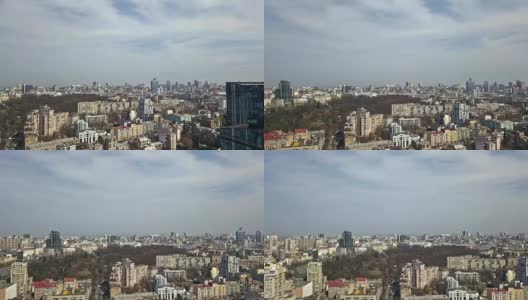 空中上升的镜头反射办公室摩天大楼的细节和城市景观的春天基辅高清在线视频素材下载