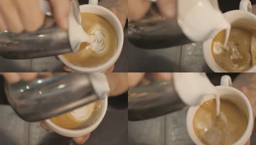 咖啡师把牛奶倒进热咖啡里，在咖啡馆里画叶子高清在线视频素材下载