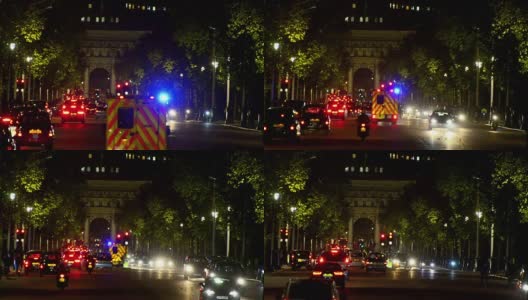 救护车穿过商业街前往特拉法加广场，夜间灯光闪烁高清在线视频素材下载