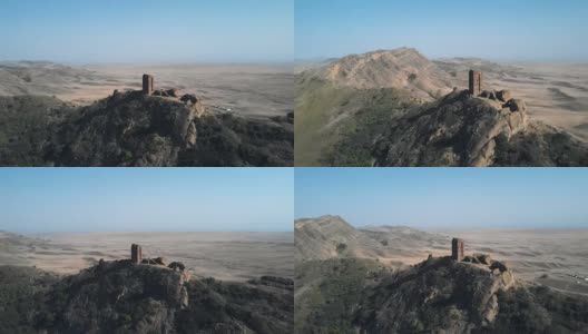 格鲁吉亚和阿塞拜疆边界上的古代防御工事的4K空中视频。美丽的沙质山谷景色。David Gareji修道院的一部分高清在线视频素材下载