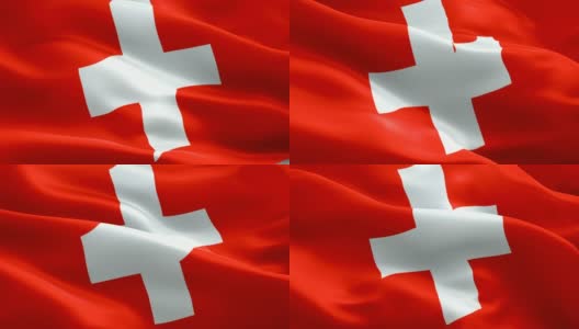 瑞士国旗特写1080p全高清1920X1080镜头视频在风中飘扬。瑞士国旗飘扬。瑞士标志无缝循环动画。瑞士国旗高清分辨率背景1080p高清在线视频素材下载