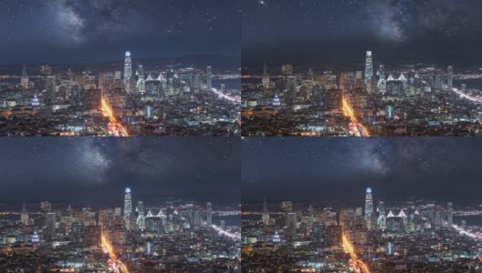 城市天际线上的银河夜空高清在线视频素材下载