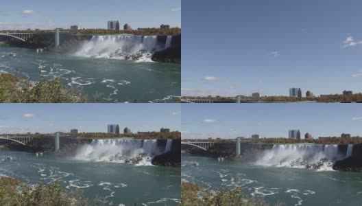 加拿大安大略省尼亚加拉瀑布的美国瀑布、桥和观光船(宽/向下倾斜)高清在线视频素材下载