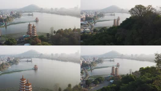鸟瞰图荷塘和传统宝塔在日出，台湾高雄。亚洲。高清在线视频素材下载
