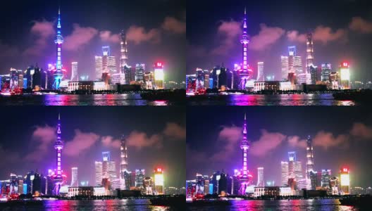 2019年9月11日，第二届中国进口博览会灯光秀，上海夜景视频。陆家嘴(外滩)景观高清在线视频素材下载