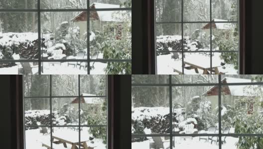 窗外的小木屋飘着雪花高清在线视频素材下载