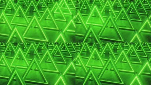 绿色三角形抽象背景。霓虹灯的背景。三角棱镜模式。抽象的科幻几何背景。未来的概念。闪烁。无缝循环，3d动画在4K高清在线视频素材下载