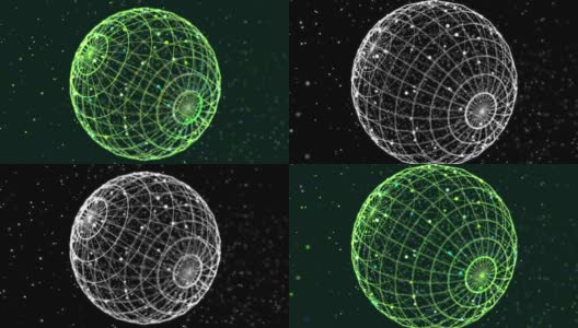 摘要发光绿色粒子形成三维物体。球体。Vj循环作为虚拟数字空间的bg。粒子形成全息影像的形状，作为大数据、网络或vr空间的概念。科幻运动设计bg。高清在线视频素材下载