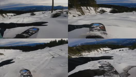 垂直视频POV拍摄的自由式滑雪板雕刻之间的树高清在线视频素材下载