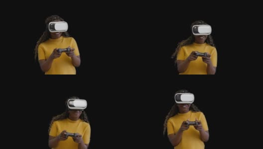 开朗的年轻女子在VR头戴游戏机玩视频游戏，应用程序高清在线视频素材下载