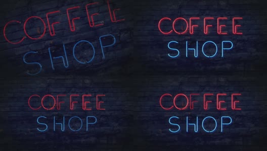 红蓝咖啡店闪烁着霓虹灯高清在线视频素材下载