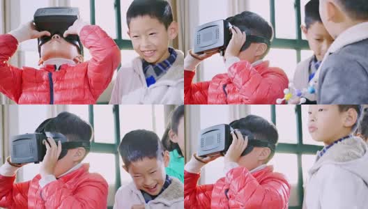 小学生在教室中使用VR学习。高清在线视频素材下载