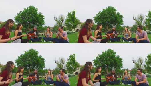 一群朋友在弹吉他、唱歌高清在线视频素材下载