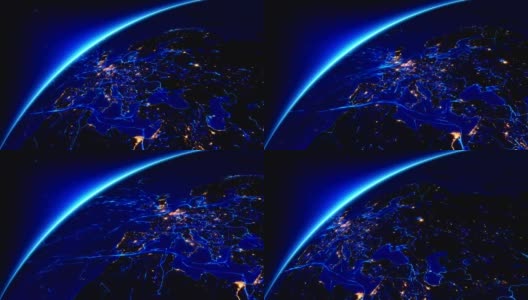 围绕地球运转的明亮连接。欧洲，城市灯火通明。高清在线视频素材下载