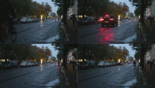 自行车和汽车在潮湿的人行道上高清在线视频素材下载